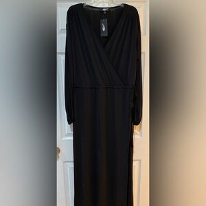 Black Long Sleeve V-Neck Dress tassel tie on side Maxi NWT!Very Lagenlook